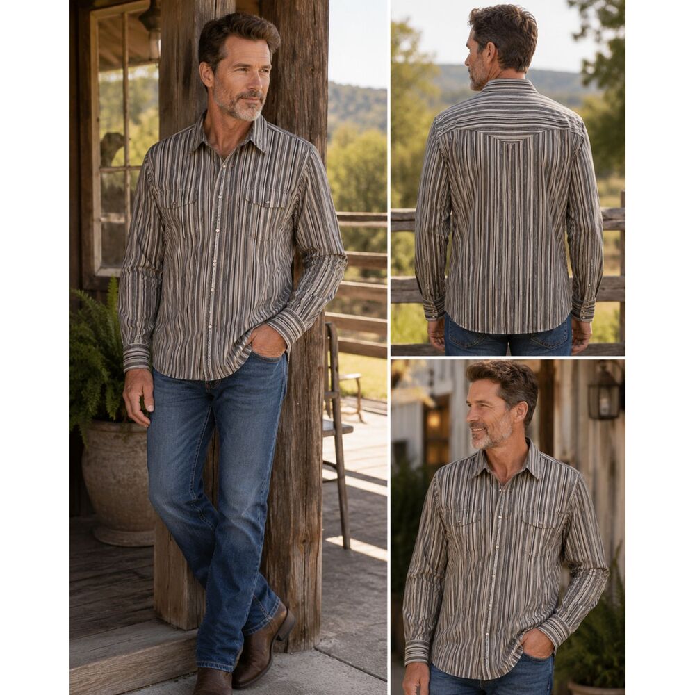 Scully Men's Western Snap Front Shirt Medium Brown Tan Striped Faux Pearl Snaps